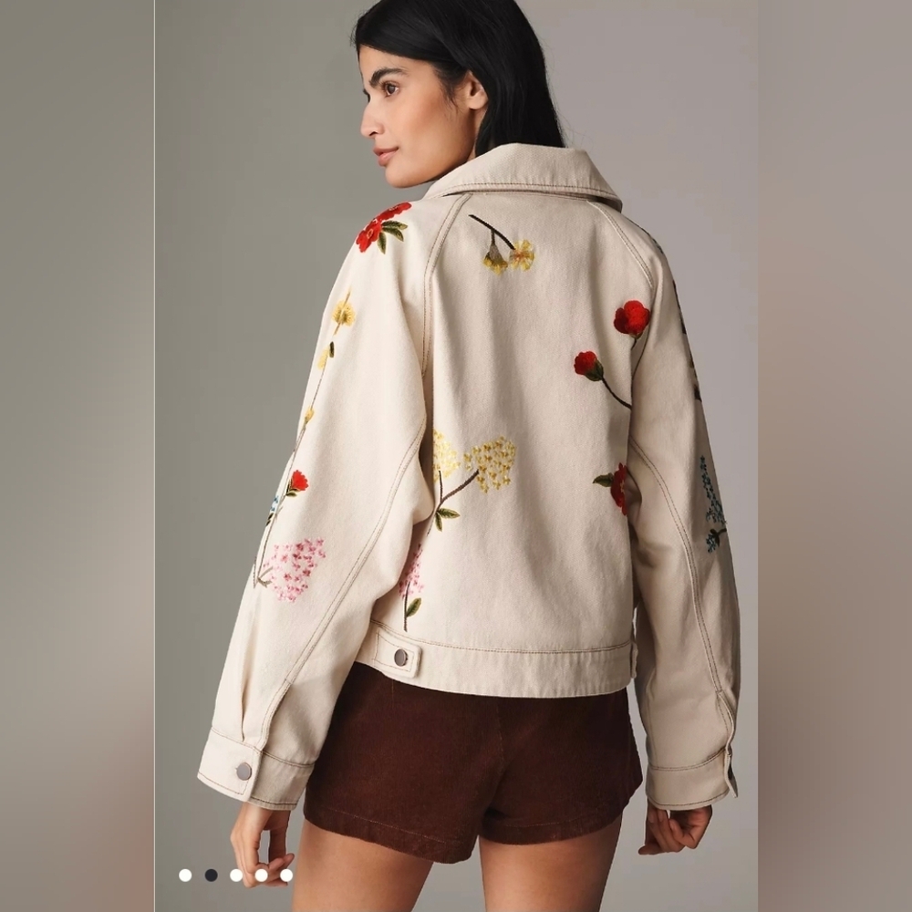 Anthropologie Limited Edition Cream Floral Embroidered Jean Jacket - Picture 7 of 16